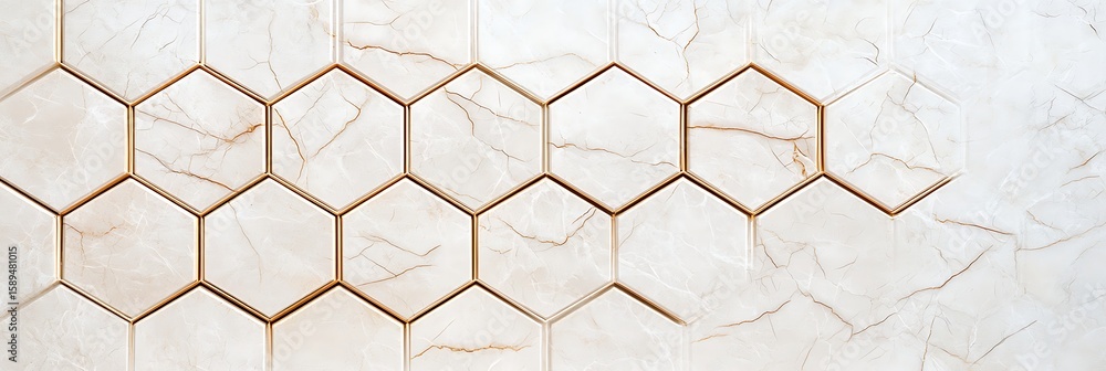 Poster a modern beige marble wall design featuring hexagonal tiles with thin gold borders, creating a geome