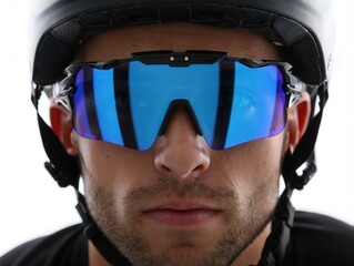 Young caucasian male cyclist wearing blue reflective sunglasses and helmet