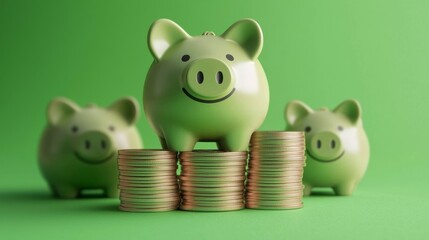 A whimsical green piggy bank symbolizes eco-friendly savings.