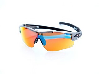 Reflective orange sports sunglasses with black frame on white background