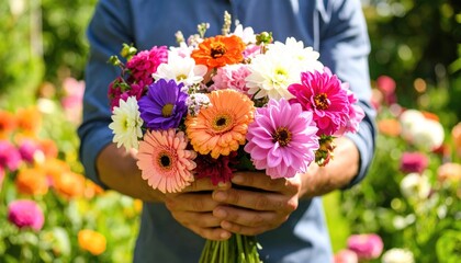 A man holds a vibrant bouquet of flowers