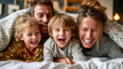 Fototapeta premium Happy family of four laughs together under a blanket in bed, creating a joyful and loving family moment.