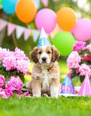 Adorable puppy in party hat amongst flowers and balloons