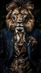 Portrait of a lion exhibiting human-like traits and attire. 