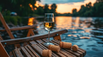 Wine glass on wooden table by river at sunset