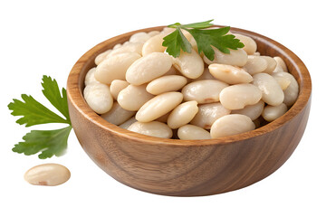 White beans in a wooden bowl with parsley, a healthy food option isolated on transparent background