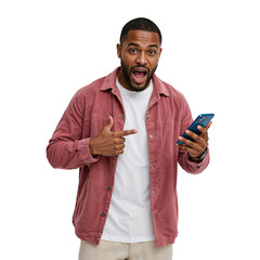 Surprised young man pointing at his smartphone on an isolated transparent background.
