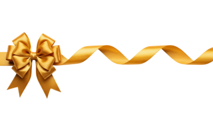 Elegant gold satin ribbon tied in a beautiful bow for a gift or celebration. Isolated on transparent background, png