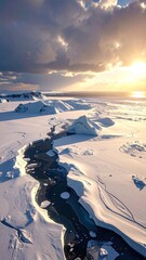 Aerial view of icy landscape with a dramatic sunset