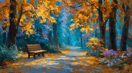 Tranquil Autumn Walkway with Yellow Leaves and a Park Bench Serene Nature Scene Lush Environment Peaceful Viewpoint