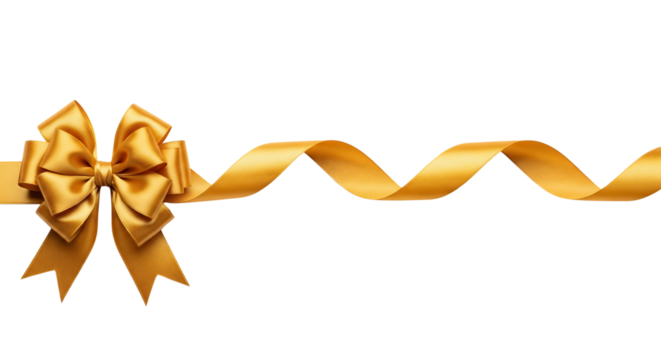 Elegant gold satin ribbon tied in a beautiful bow for a gift or celebration. Isolated on transparent background, png