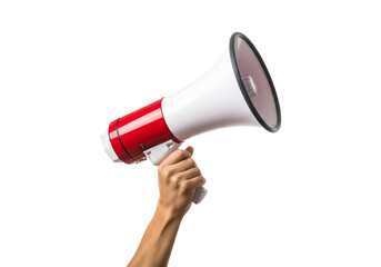 Hand holding a red and white megaphone for announcements or protests. Isolated on transparent background, png