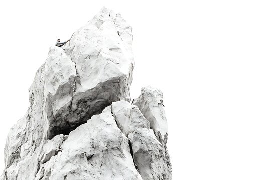 Rock climber scaling a tall white rock formation against a white sky with determination and skill