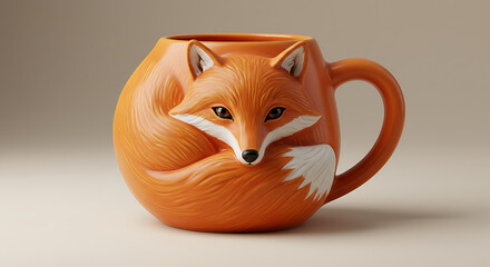 An orange porcelain mug in the shape of a curled-up fox, with a fluffy tail forming the curved handle