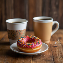 Colorful Donut with Two Cups of Coffee on Wooden Table