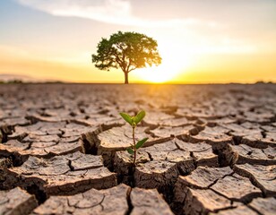 A lone sapling grows amidst cracked earth at sunset