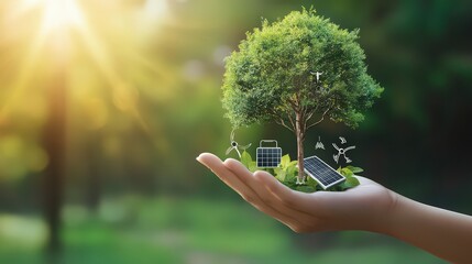 Hand showing floating eco-tree with sustainability icons: solar energy, battery, leaf, recycle. --ar 16:9 --v 6.1 Job ID: e114371d-64d1-4ca9-8ebb-58214e238548