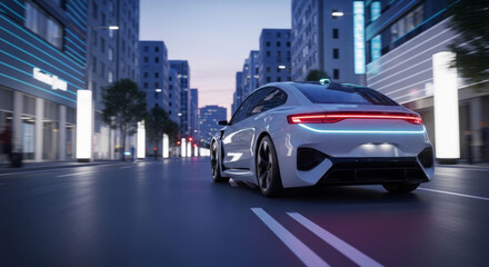 Futuristic Electric Car Driving on Modern City Street