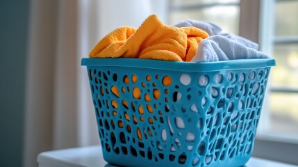 Blue laundry basket filled with clothes