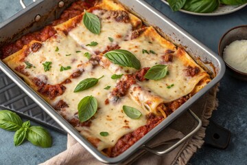 Delicious homemade lasagna with melted cheese and fresh basil topping
