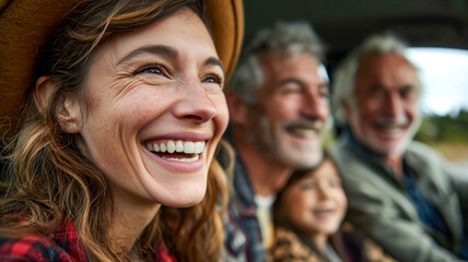 Smiling woman with her family on a car ride, enjoying a day together with loved ones, creating memories and experiencing the world.