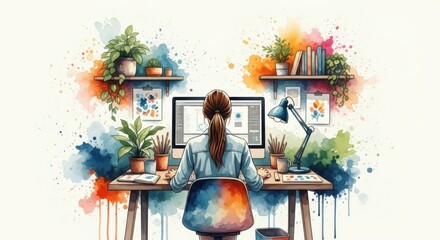 A woman works at a desk with a computer, surrounded by plants and colorful watercolor splashes