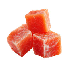 Three rough cut pink himalayan salt cubes stacked together isolated on transparent background
