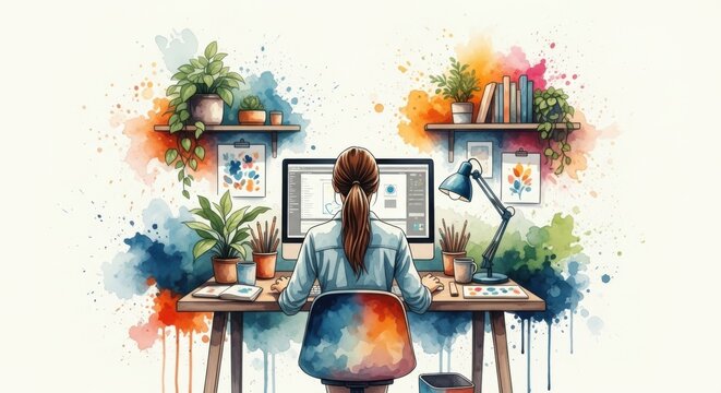 A woman works at a desk with a computer, surrounded by plants and colorful watercolor splashes