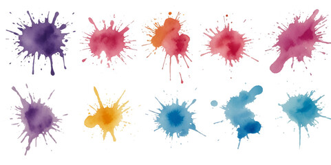 Colorful watercolor splatters on transparent background. colorful set of watercolor splash stains isolated on white or transparent