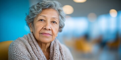 Senior Woman Sitting Clinic Waiting Room Portrait Photography Indoor Environment Close-Up View Healthcare Reflection