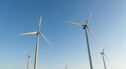 Fototapeta premium Modern wind turbines spinning against bright blue sky, generating clean renewable energy. Sustainable power technology and environmental concept.