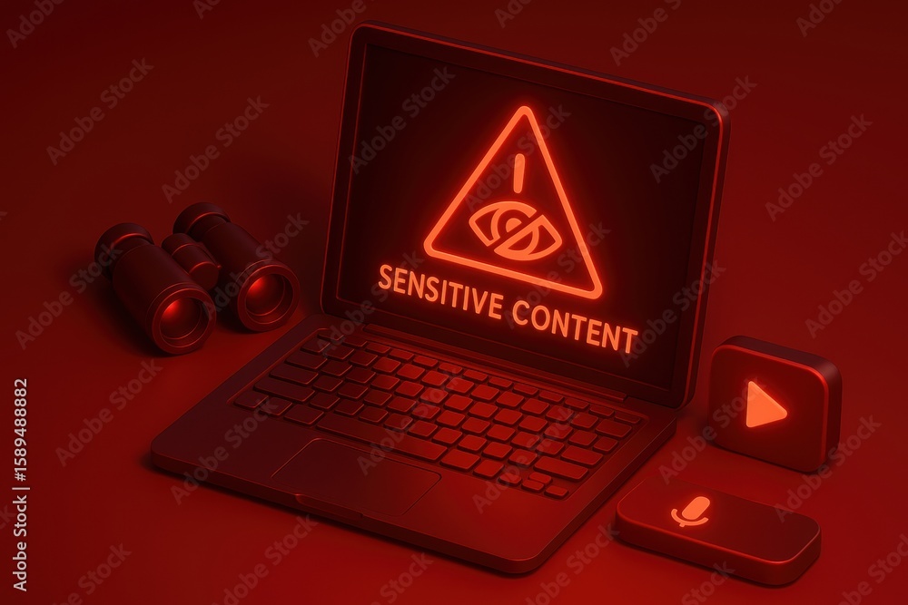 Poster warning sensitive content: a digital rendering spotlights a laptop displaying a stark warning about 