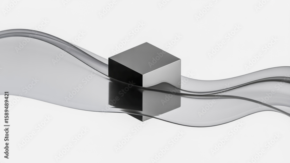 Poster a minimalist 3d rendering of a perfect black cube floating in mid-air against a white background wit