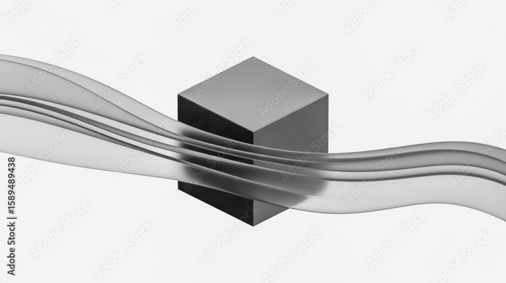 Poster a minimalist 3d rendering of a perfect black cube floating in mid-air against a white background wit