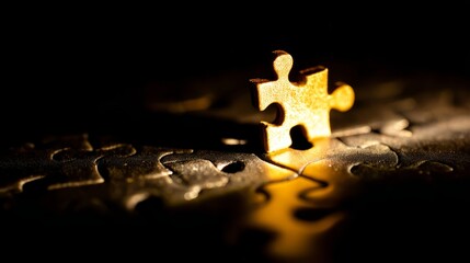 Single puzzle piece nearing completion, dramatic shadows highlighting connection.
