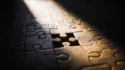 Single puzzle piece nearing completion, dramatic shadows highlighting connection.
