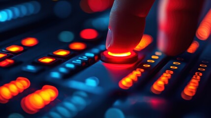 Close-up of hand adjusting audio console