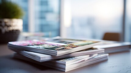 Engaging Stack of Magazines and Brochures on Table Modern Office Print Media Urban Environment Close-Up Visual Storytelling