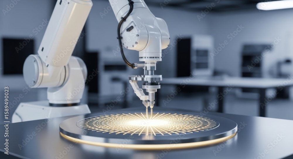 Poster a robotic arm precisely working on a metal disc with intricate patterns, emitting a bright light
