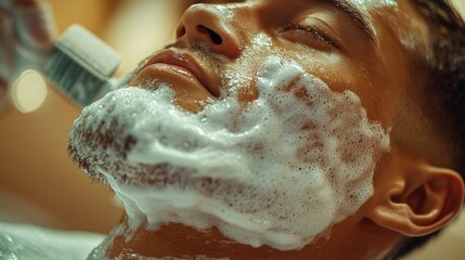 Close-up of man getting a shave with lather