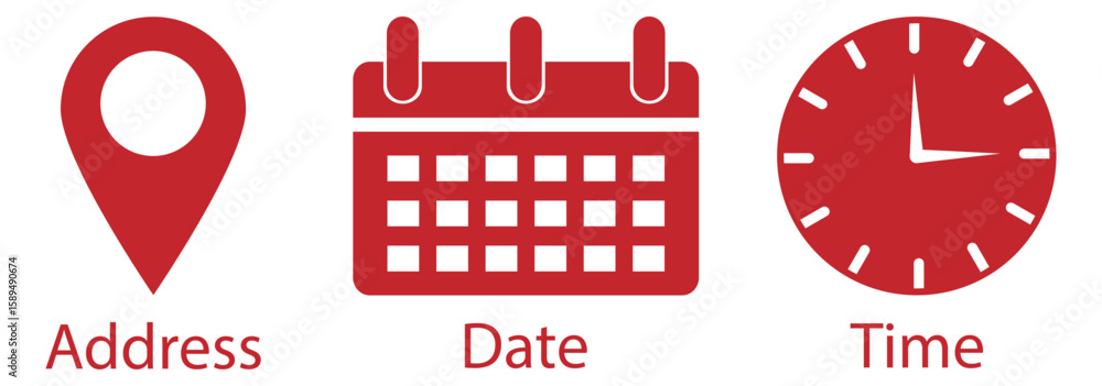 Poster time, date and address icon isolated set. event elements. containing calendar, address location poin