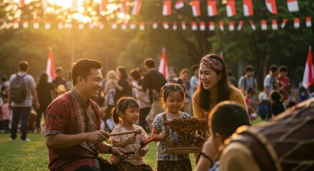 Indonesian Family Enjoying Traditional Music at Sunset Festival