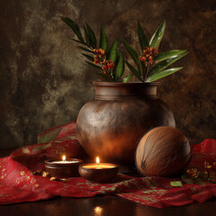 3D Rendered Kalash Pot with Coconut, Mango Leaves, Red Fabric, and Diya Lighting