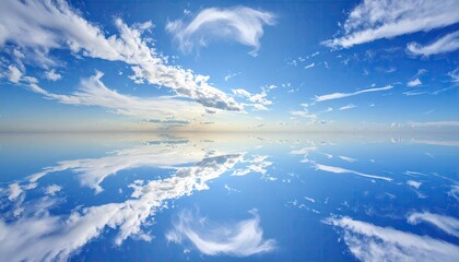 A serene, mirrored sky reflected in a calm sea