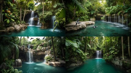 Naklejka premium A crystal-clear waterfall cascading into a turquoise pool, surrounded by lush greenery and tropical birds in mid-flight. 