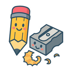 Happy Pencil & Sharpener Best Friends - Adorable Educational Vector Characters for Kids Learning & School Projects