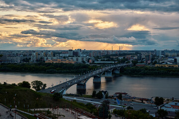 Fantastic Sunset Over Kanavinsky Bridge and Oka River in Nizhny Novgorod