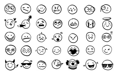 Cartoon people face emotions set in doodle scribble pencil marker style hand drawn set. Cute happy, upset lovely emotions.