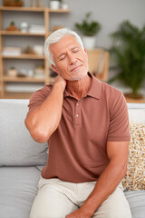 An elderly man sits on a couch, massaging his neck with a pained expression, likely experiencing discomfort or stiffness.