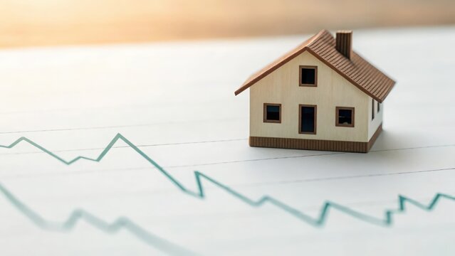 House block floating above fluctuating graph line — property value vs interest volatility
